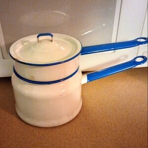 Vintage Enamel Double Broiler Saucepan with Lid - White and Blue
